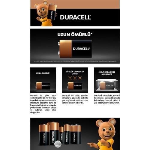 Duracell Alkalin 9 Volt Pil 6LR61/MN1604