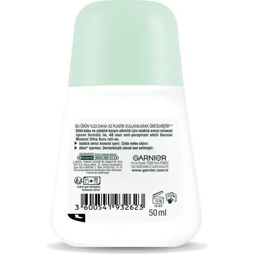 Garnier Mineral Ultra Kuru Roll-On Deodorant 50 ml Kadın 48 Saat Etkili Ferah Kokulu Pudrasız Alkol İçermez