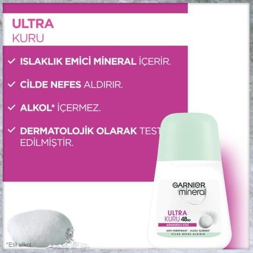 Garnier Mineral Ultra Kuru Roll-On Deodorant 50 ml Kadın 48 Saat Etkili Ferah Kokulu Pudrasız Alkol İçermez