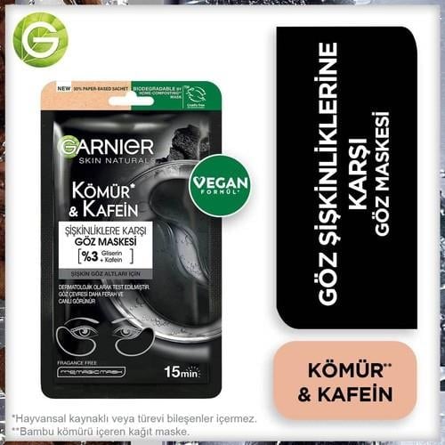 Garnier Şişkinlik Karşıtı Göz Maskesi – Kömür ve Kafeinli, Parfümsüz Vegan Formül, 15 Dakikada Etkili Tekli 1 Adet