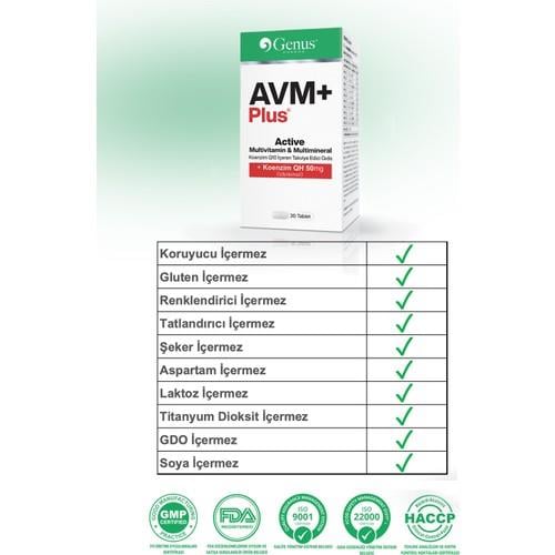Genus Pharma AVM+ Plus Active, Multivitamin İçeren Takviye Gıda (30 Tablet)