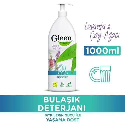 Gleen Organik İçerikli Vegan 1 lt Lavanta-Çay Ağacı Elde Bulaşık Deterjanı