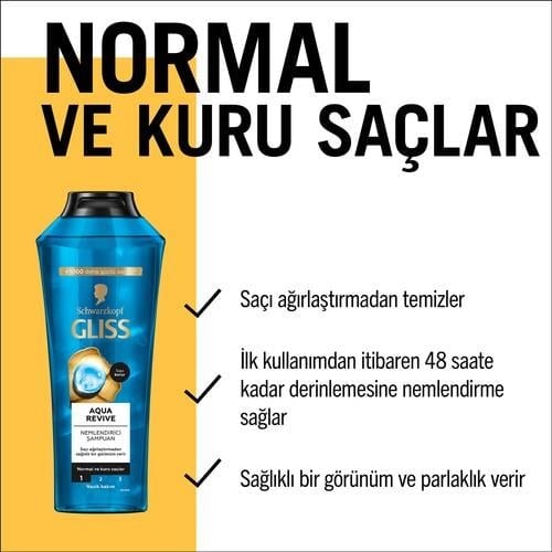 Gliss Aqua Revive Hyalüron & Deniz Yosunu Özlü Nemlendirici Şampuan 400 ml Normal ve Kuru Saçlar