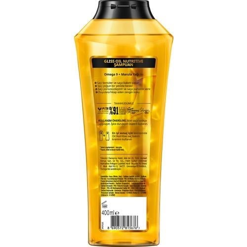 Gliss Oil Nutritive  Omega 9 ve Marula Yağı içeren Besleyici Şampuan 400 ml Yıpranmış Saçlar