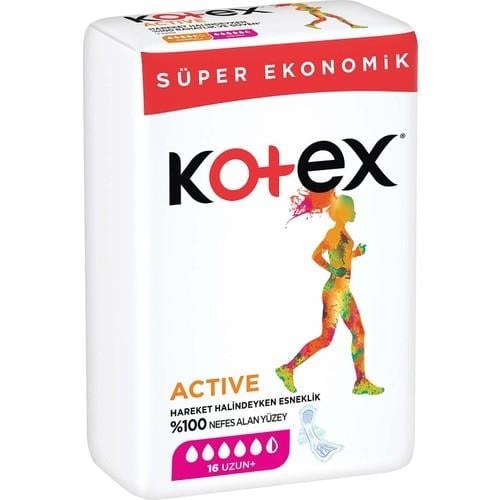 Kotex Hijyenik Ped Active Uzun Süper Ekonomik 16lı Nefes Alan Yüzey ile Gün Boyu Konfor
