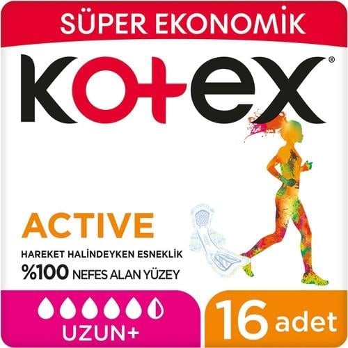 Kotex Hijyenik Ped Active Uzun Süper Ekonomik 16lı Nefes Alan Yüzey ile Gün Boyu Konfor