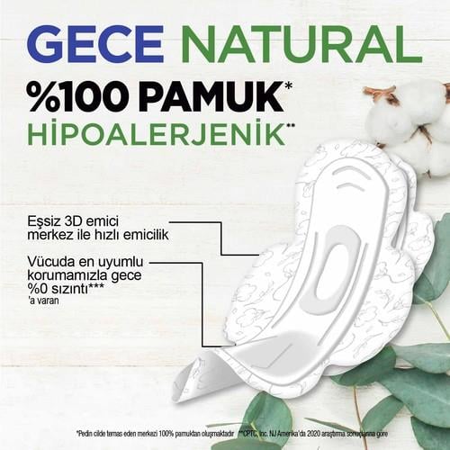 Kotex Natural Gece Pamuk Hijyenik Ped 14lü Hızlı Emici Pamuksu Üst Yüzey ile Koruma