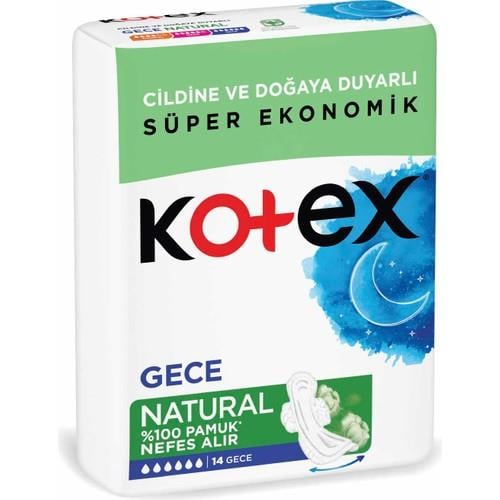 Kotex Natural Gece Pamuk Hijyenik Ped 14lü Hızlı Emici Pamuksu Üst Yüzey ile Koruma