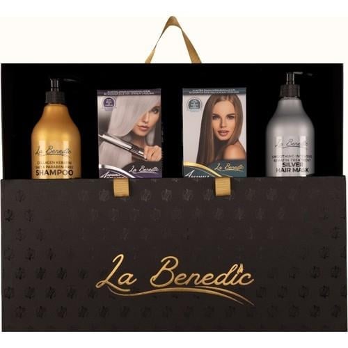 La Benedic Silver (Platin)-Açık Sarı Saç Keratin Brezilya Düzleştirici Onarım ve Bakım 4lü Hediye Kutulu Set