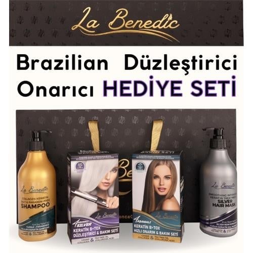 La Benedic Silver (Platin)-Açık Sarı Saç Keratin Brezilya Düzleştirici Onarım ve Bakım 4lü Hediye Kutulu Set