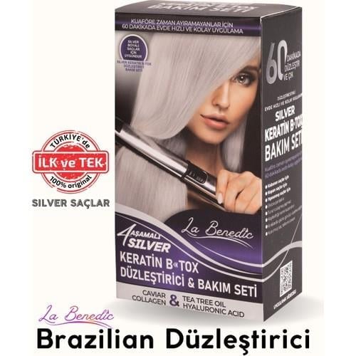 La Benedic Silver (Platin)-Açık Sarı Saç Keratin Brezilya Düzleştirici Onarım ve Bakım 4lü Hediye Kutulu Set