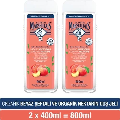 Le Petit Marseillais Organik Beyaz Şeftali ve Nektarin Duş Jeli 2x400 ml – Hassas Ciltler için Nemlendirici Bakım