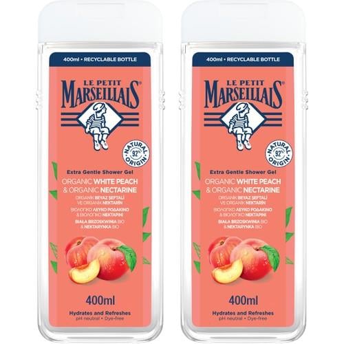 Le Petit Marseillais Organik Beyaz Şeftali ve Nektarin Duş Jeli 2x400 ml – Hassas Ciltler için Nemlendirici Bakım