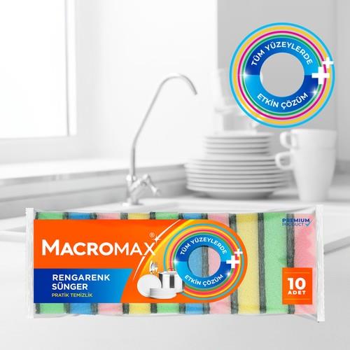 Macromax Rengarenk Bulaşık Süngeri 10lu Mega Ekonomik Paket, Çok Amaçlı Yüzey Süngeri