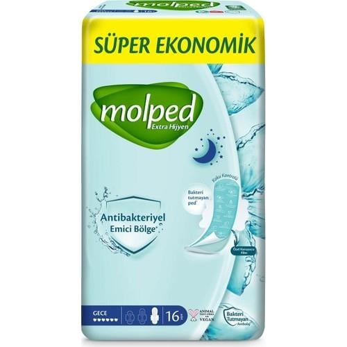 Molped Antibakteriyel Gece Ped 16 Adet Hijyenik Koruma ve Rahatlık Sunar