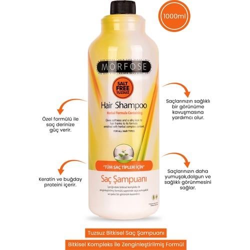 Morfose Besleyici Bitkisel Şampuan - Tuzsuz Formül, Tüm Saç Tipleri için Keratin ve Buğday Proteini, 1000 ml