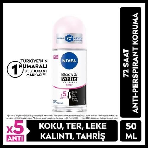 NIVEA Kadın Roll-on Deodorant Black& White Invisible Clear 50ml,  Ter ve Ter Kokusuna Karşı 48 Saat Anti-perspirant Deodorant Koruması