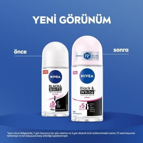 NIVEA Kadın Roll-on Deodorant Black& White Invisible Clear 50ml,  Ter ve Ter Kokusuna Karşı 48 Saat Anti-perspirant Deodorant Koruması