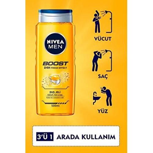 Nivea MEN Boost Duş Jeli 500 ml Cilt ve Saç Derisine Bakım Sağlayan Etki