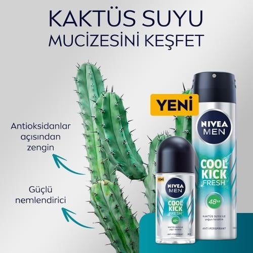 NIVEA Men Erkek Roll-on Deodorant Cool Kick Fresh 50ml, Ter ve Ter Kokusuna Karşı 48 Saat Anti-perspirant