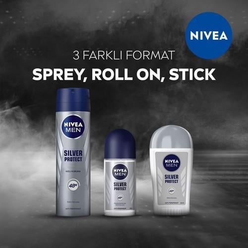 NIVEA Men Roll On Sprey Deodorant Silver Protect 50 ml; Ter ve Ter Kokusuna Karşı 48 Saat Anti-perspirant