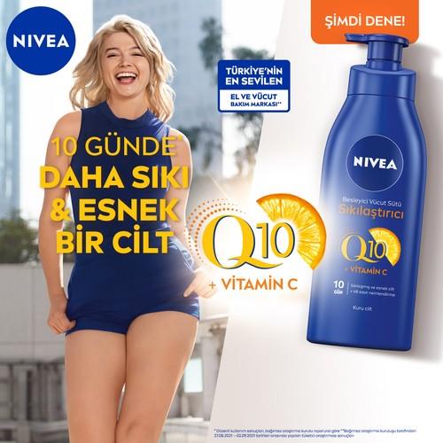 NIVEA Sıkılaştırıcı Vücut Sütü Q10 + C Vitamini (400ml); 48 Saat Vücut Nemlendirme; 10 Günde Sıkılaşma; Kuru Ciltler için; Vücut Bakım