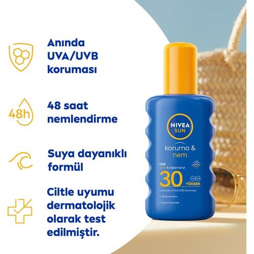 NIVEA Sun SPF30 Güneş Koruyucu & 48 Nemlendirici Güneş Kremi 200 ml Sprey;Yüksek Güneş Koruması