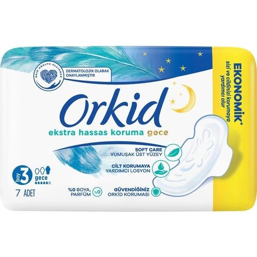 Orkid Extra Hassas Koruma Gece Ped 7 Adet Yumuşak Üst Yüzey ve Cilt Koruma Losyonu
