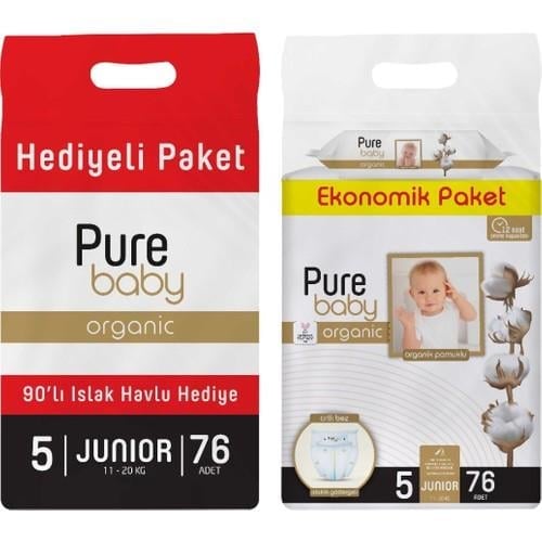 Pure Baby Organik Pamuklu Cırtlı Bez 5 Numara Junior 76 Adet + Organik Pamuklu Islak Havlu 90 Yaprak