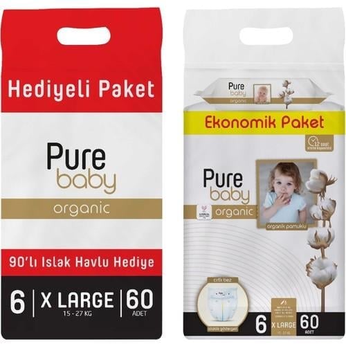 Pure Baby Organik Pamuklu Cırtlı Bez 6 Numara Xlarge 60 Adet + Organik Pamuklu Islak Havlu 90 Yaprak