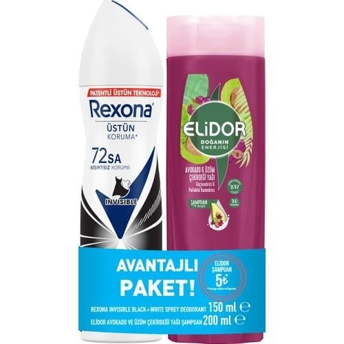 Rexona Kadın Sprey Deodorant Invisible Black & White 150 Ml + Elidor Saç Bakım Şampuanı Avokado Ve Üzüm Çekirdeği Yağı 200 Ml