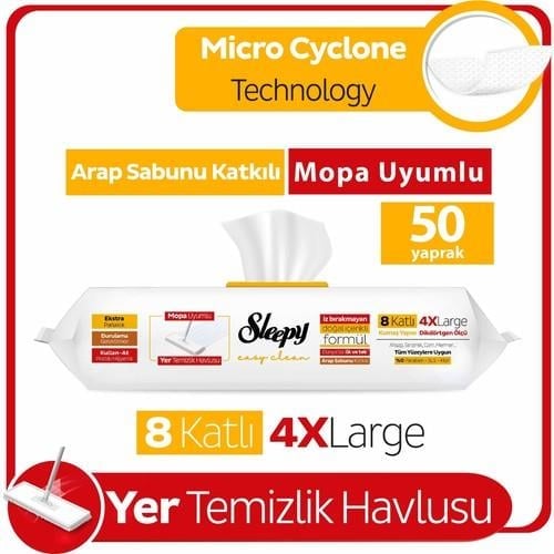Sleepy Easy Clean Arap Sabunu Katkılı Mopa Uyumlu Yer Temizlik Havlusu&Mendili 50 Yaprak