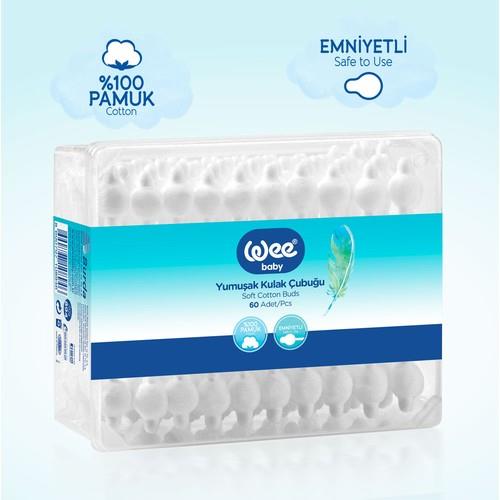 Wee Baby Emniyetli Kulak Çubuğu %100 Pamuk 60 Adet Bebekler İçin Güvenli Temizlik