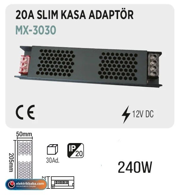 MAXLED MX-3030 20A 240W 12V SLIM LED TRAFOSU