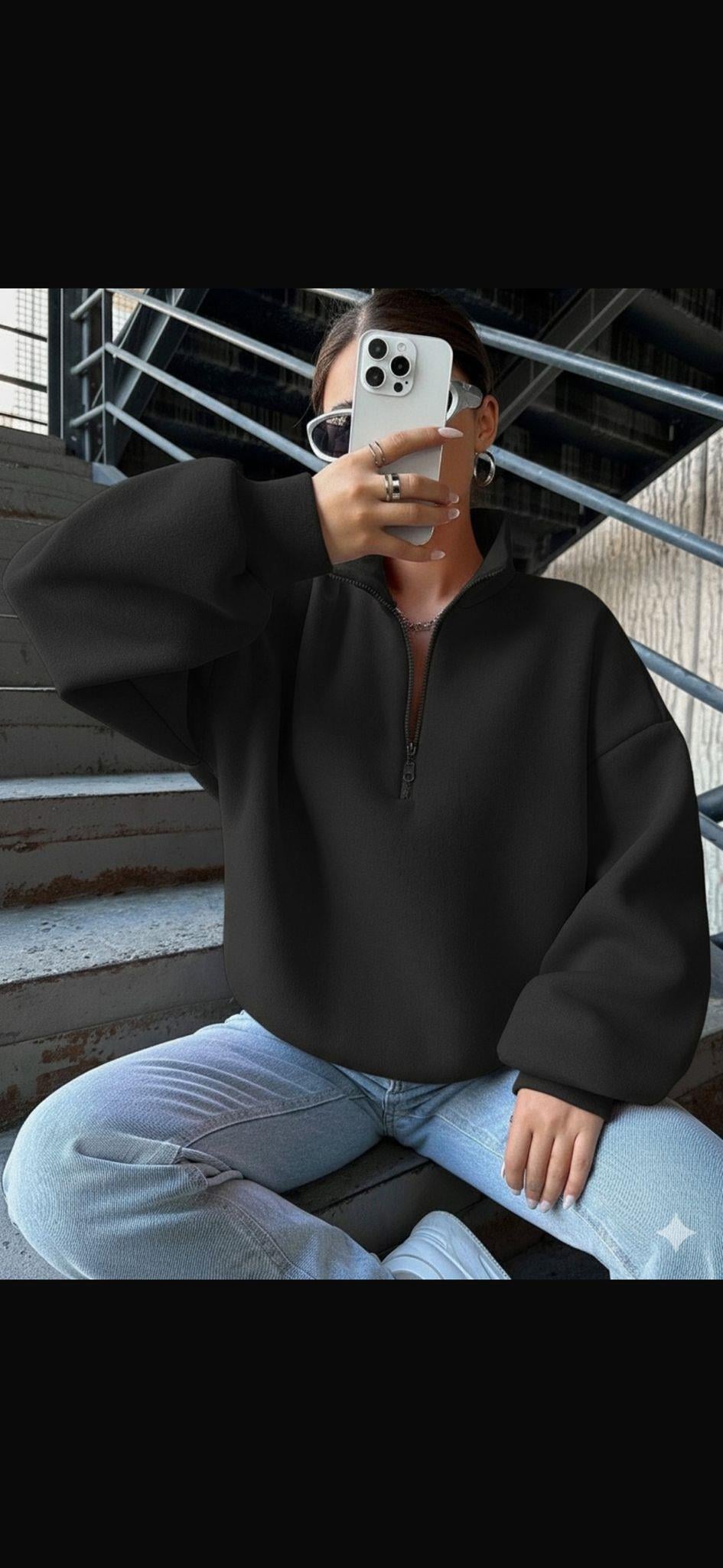 Siyah yarım Fermuarlı Sweatshirt