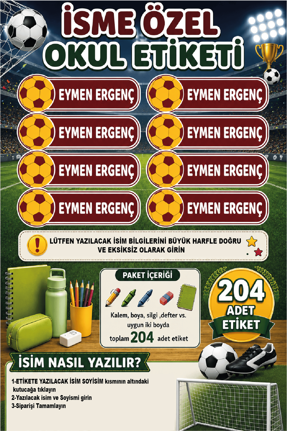 İsme Özel Sarı Kırmızı Futbol Temalı Okul Etiketi | Futbol Topu Desenli | Su Geçirmez 204 Adet
