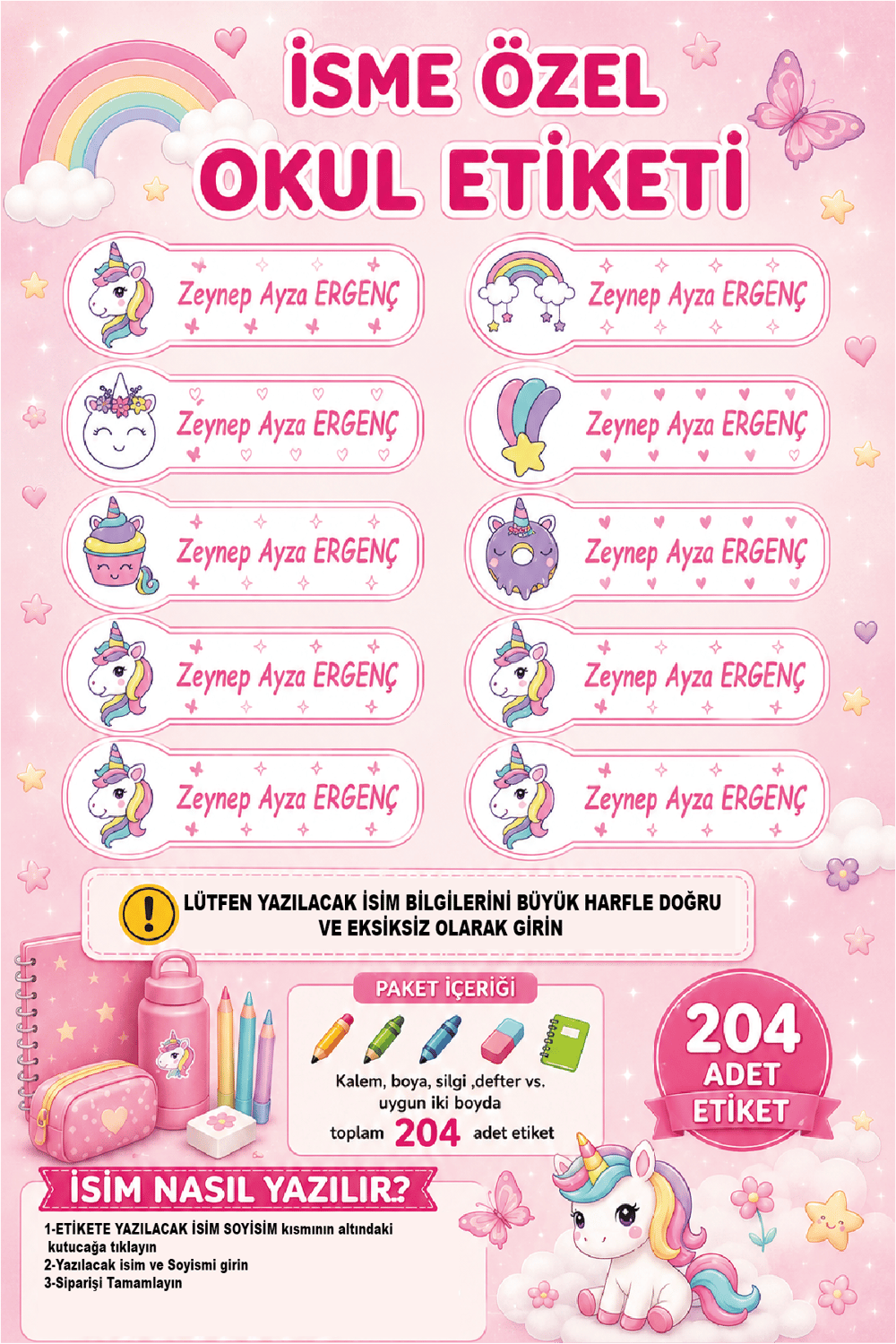 İsme Özel Unicorn Temalı Okul Etiketi | Su Geçirmez İsim Stickerı | 204 Adet