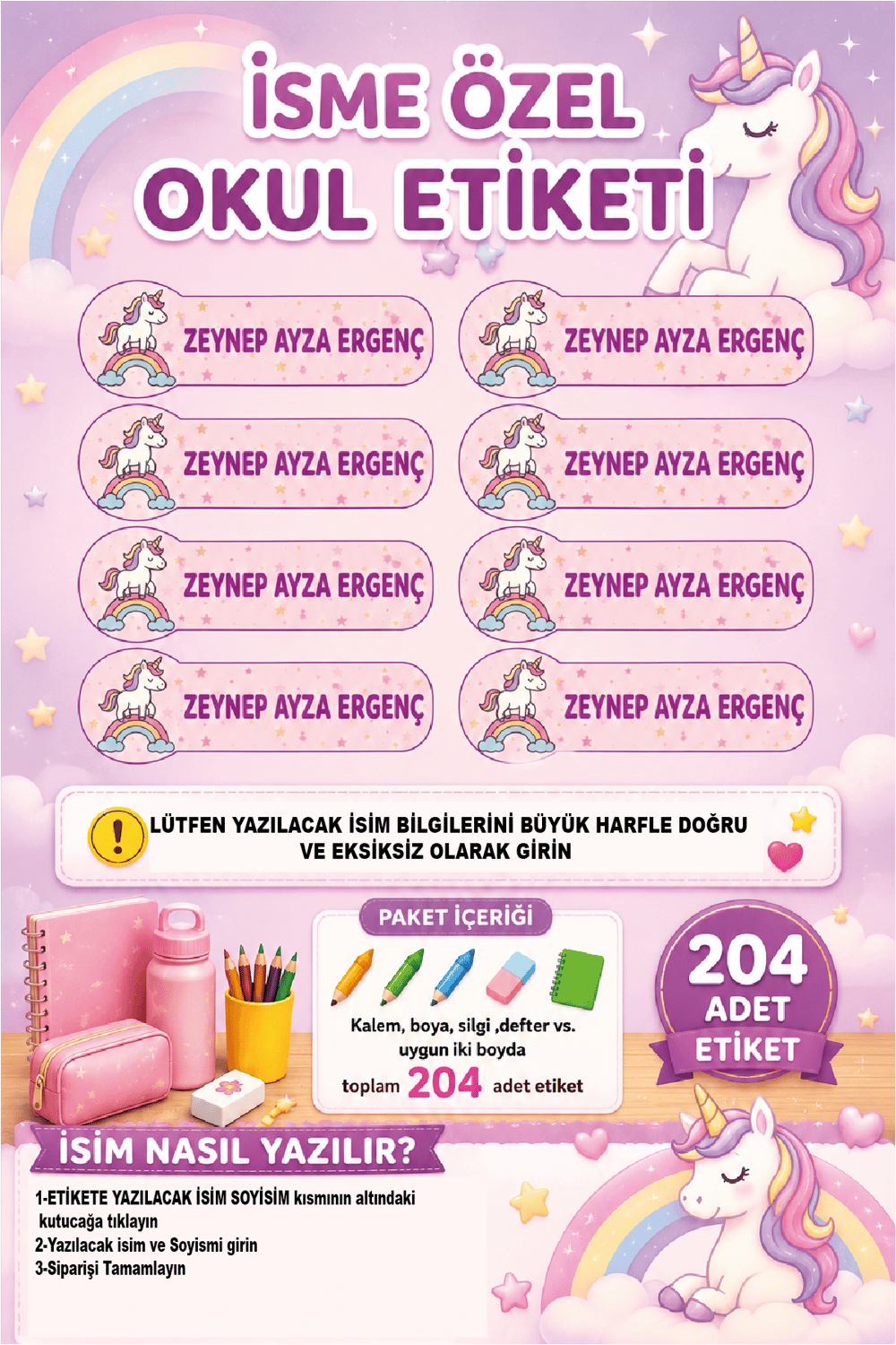 İsme Özel Unicorn Temalı Okul Etiketi | Gökkuşağı Desenli | Su Geçirmez 204 Adet