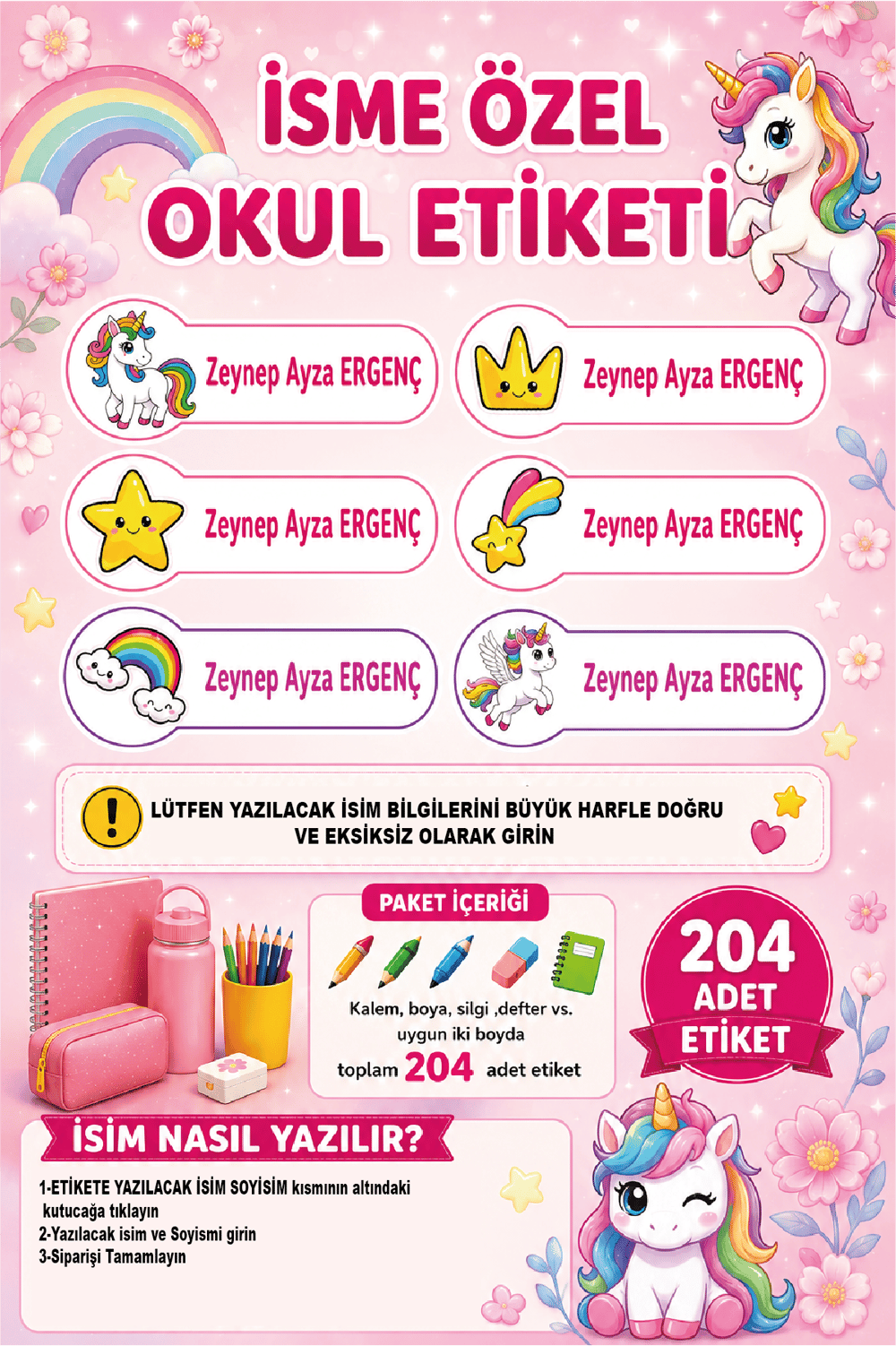 İsme Özel Unicorn ve Gökkuşağı Temalı Okul Etiketi | Yıldız Desenli | Su Geçirmez 204 Adet