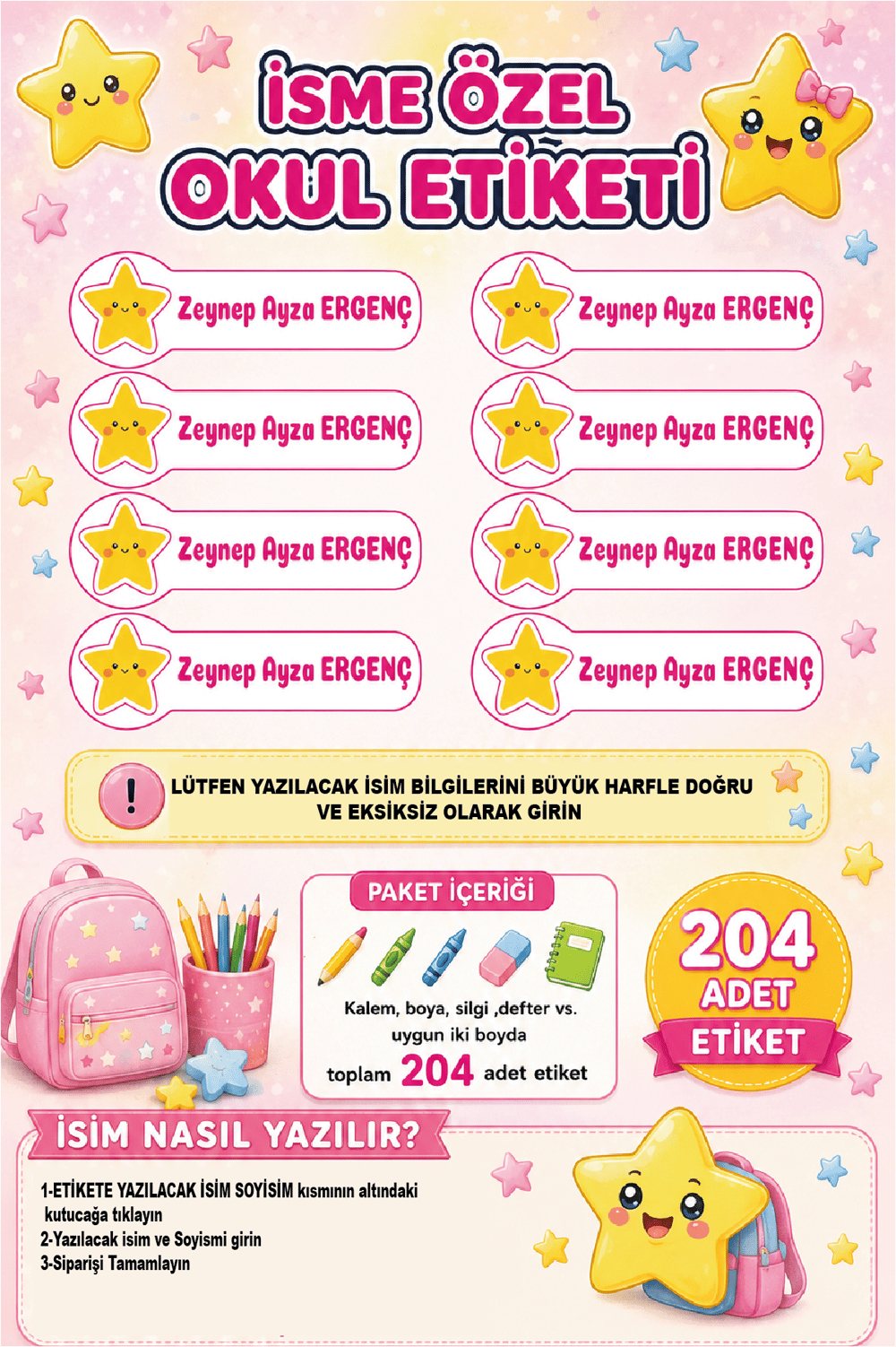 İsme Özel Yıldız Temalı Okul Etiketi | Su Geçirmez İsim Stickerı | 204 Adet