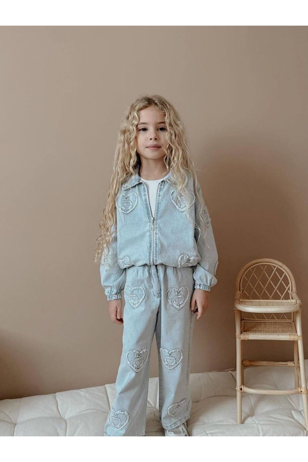 Denim Kumaş Desenli Fermuarlı Kız Çocuk Takım
