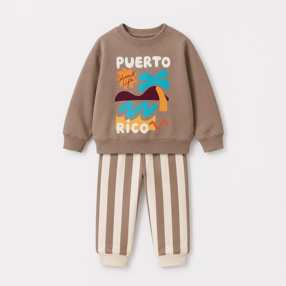Erkek Çocuk Baskılı Sweatshirt Çizgili Pantolon Alt Üst Takım