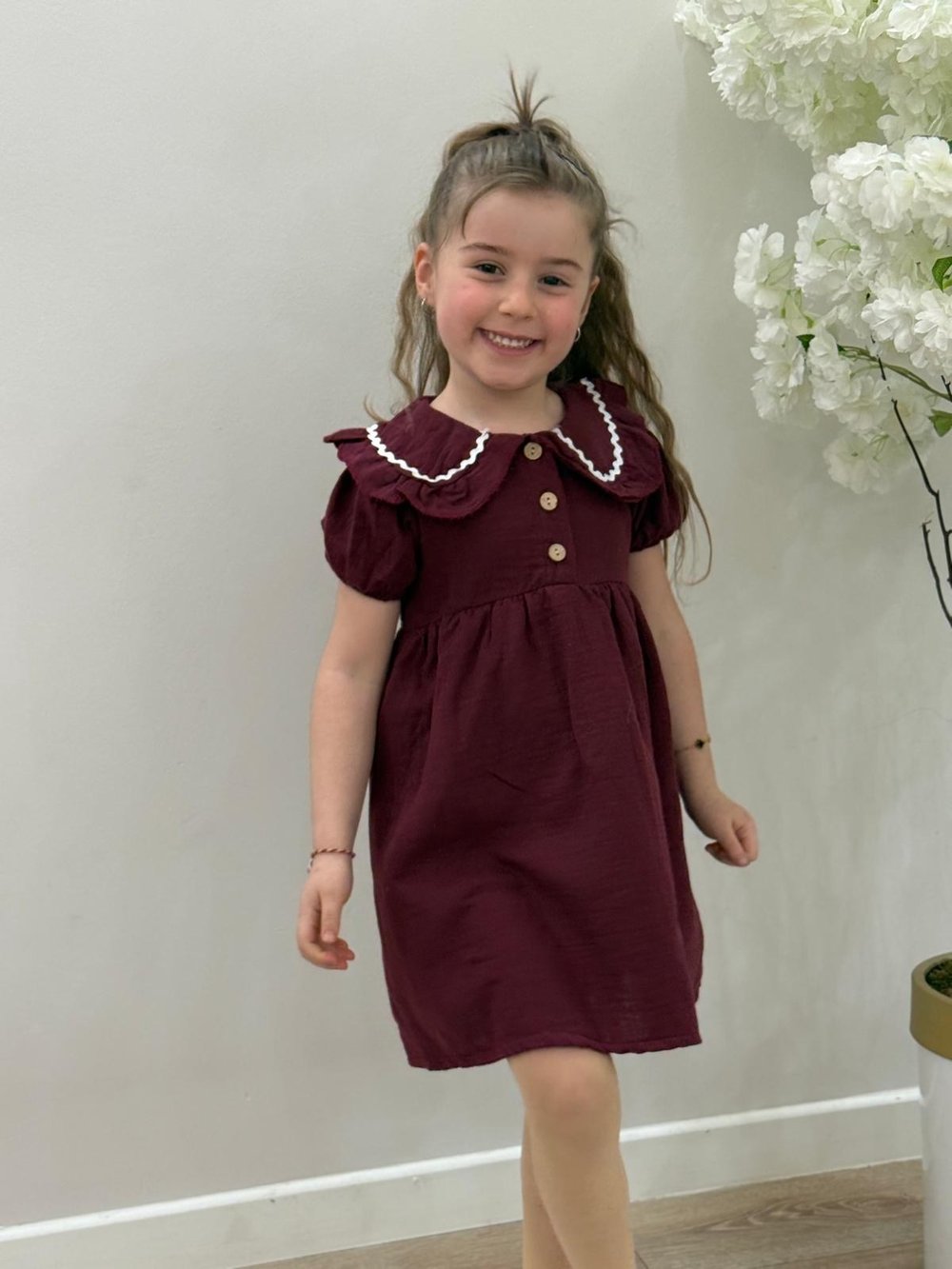 Kız Çocuk Bordo Müslin Kumaş Yazlık Elbise 