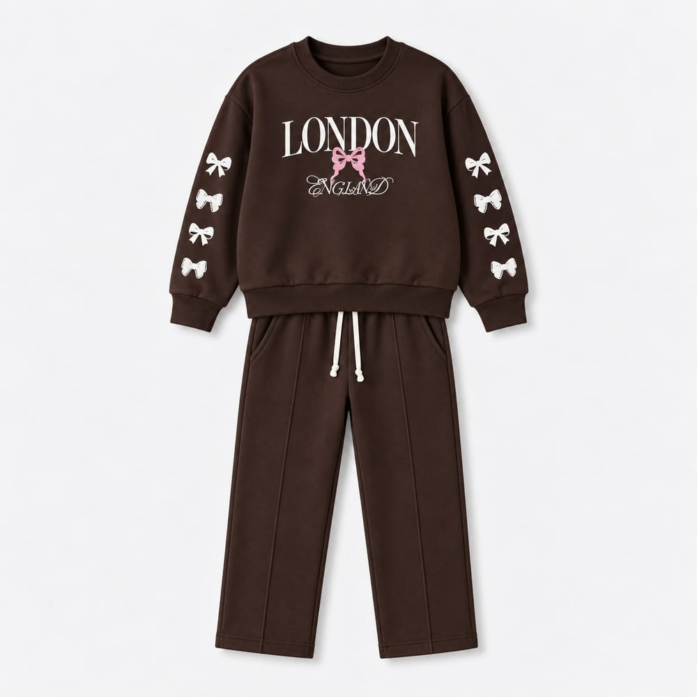 Kız Çocuk London Yazılı Fiyonk Detaylı Sweatshirt Pantolon Alt Üst Takım