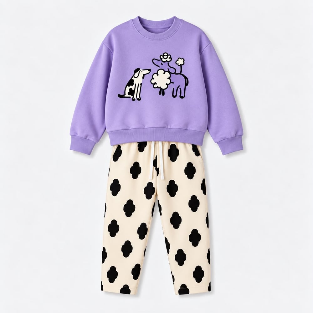 Kız Çocuk Sevimli Hayvan Baskılı Sweatshirt Desenli Pantolon Alt Üst Takım
