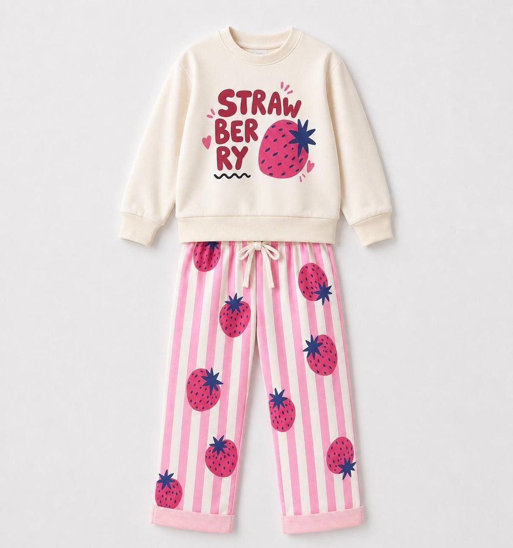 Kız Çocuk Strawberry Baskılı Çizgili Alt Üst Takım