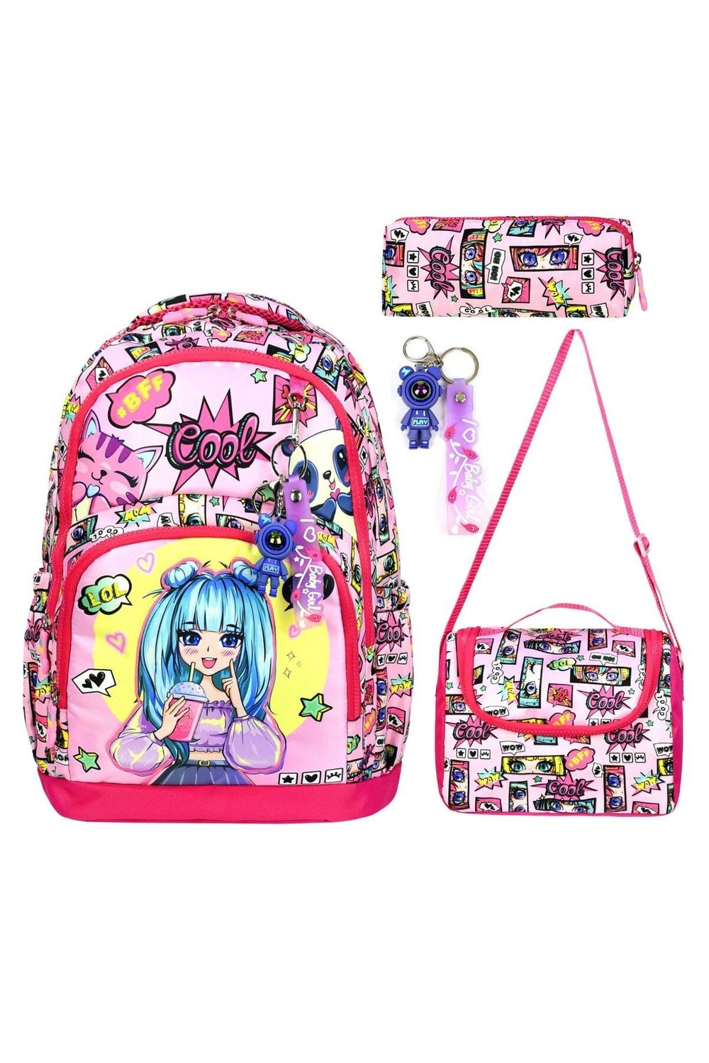 Yigit Butik Anime Karakter Baskılı Üçlü Kız Çocuk İlkokul Çantası Seti