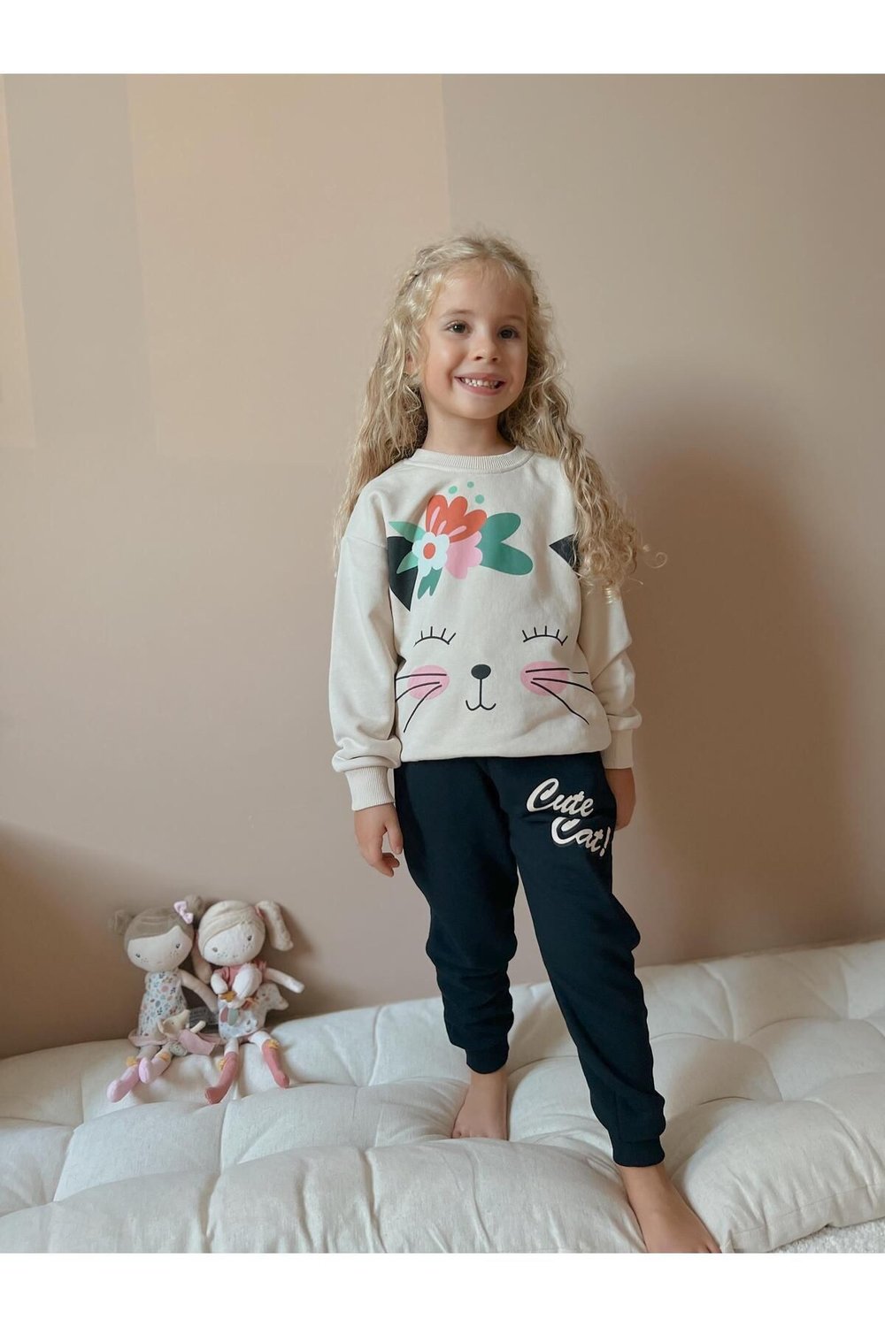 Yigit Butik Kedi Baskılı Kız Çocuk Takım