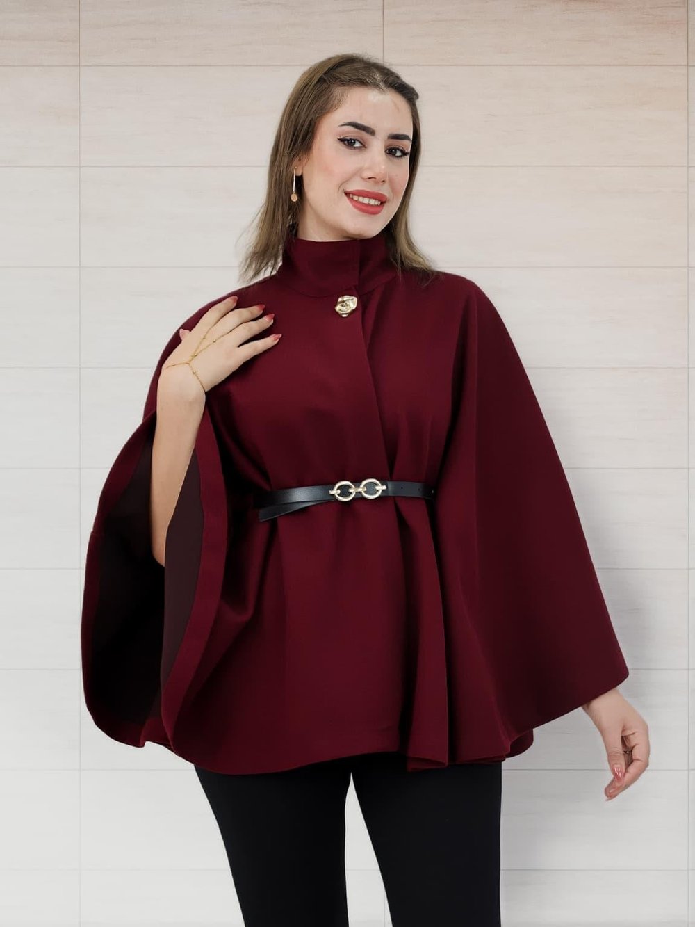 Kadın Kemer Aksesuarlı Panço Bordo