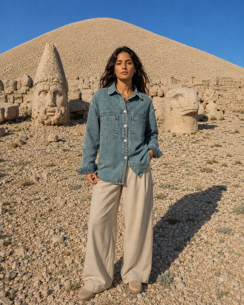  Kadın Oversize Kot Gömlek Çift Cepli Bölmeli Denim Gömlek Uzun Kollu